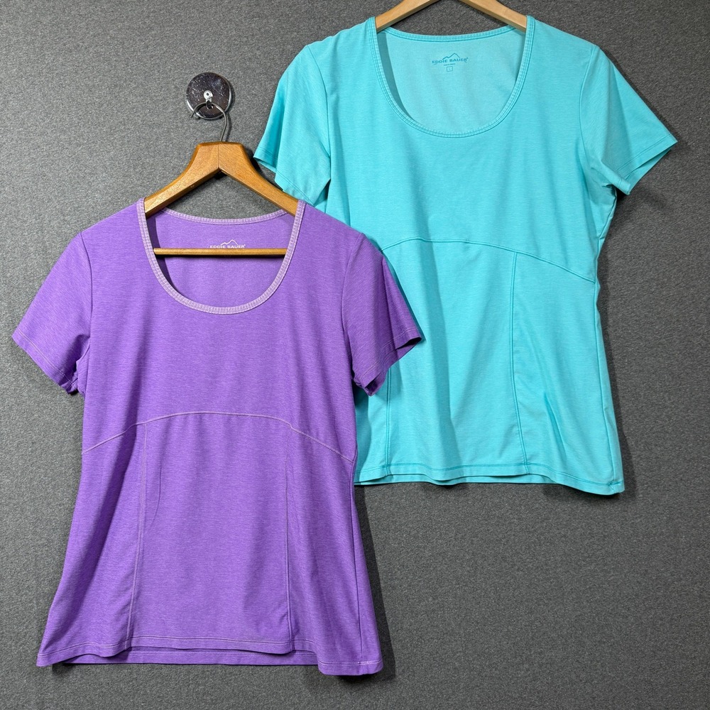 Eddie Bauer T-Shirt Lot 2 Purple Blue L Womens Short Sleeve Scoop Neck Active